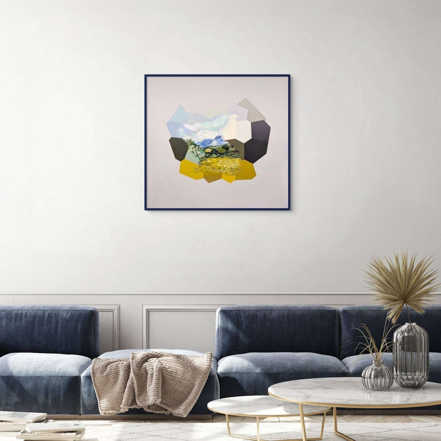 Geometric original abstract painting for sale inspired by Van Gogh by Marcus Callum on a living room wallOriginal Painting: "Wheat Fields" (Available)